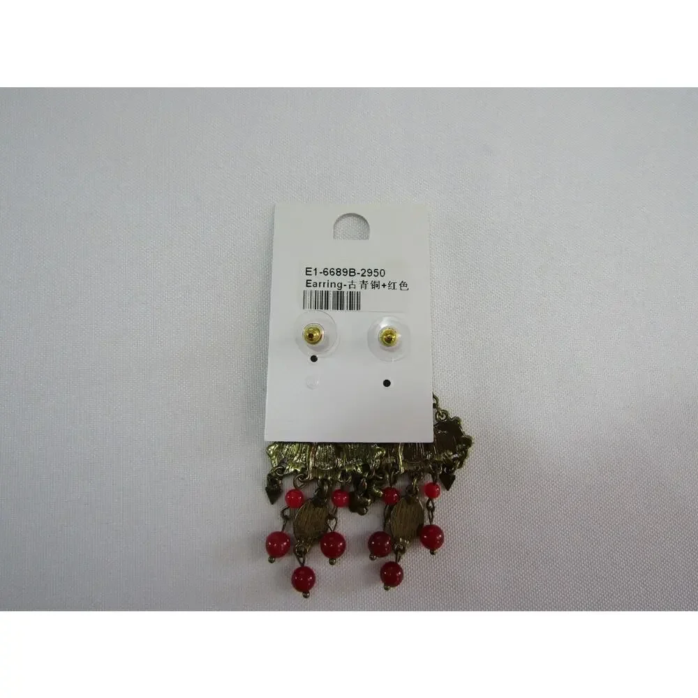 Huimei Gold Geometric Aztec Red Bead Dangly Earrings Native American Boho Festiv